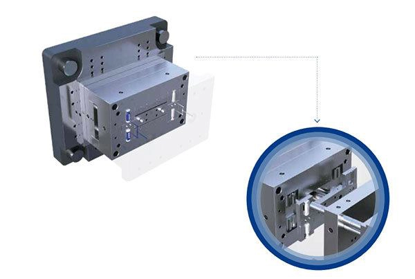 Injection sandwich Metal tooling fixture or mold assembly with a circular magnified inset showing internal rails and components.