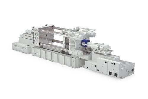 Presse type A Large industrial extrusion press with a long central frame, rollers, and a blue motor on the side.