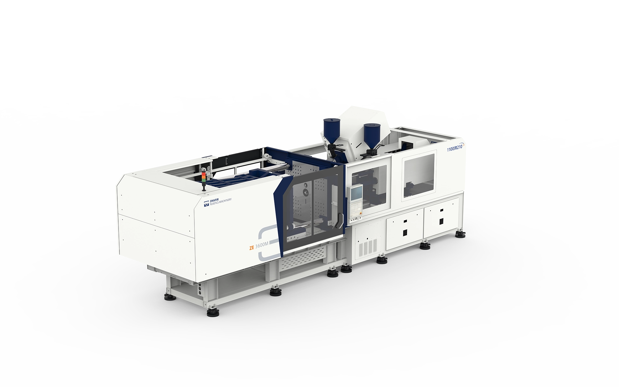 ZE-Multiinjection Large white plastic molding machine with blue hoppers and a control panel, viewed from the side in a minimal setting