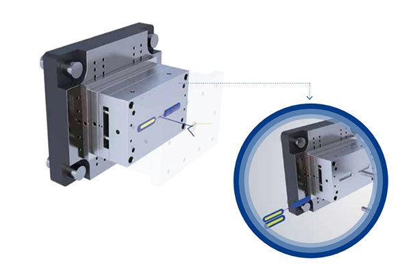 multi-acc-sandvic-cok-renkli Industrial metal lock/latch mechanism mounted in a frame, with a magnified inset showing a close-up view of the device.